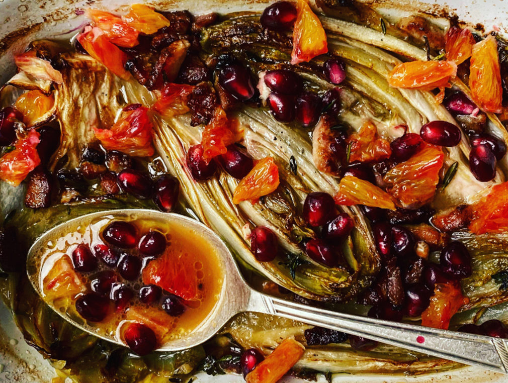Trish Deseine's Butter Braised Chicory with Smoked Bacon, Pomegranate