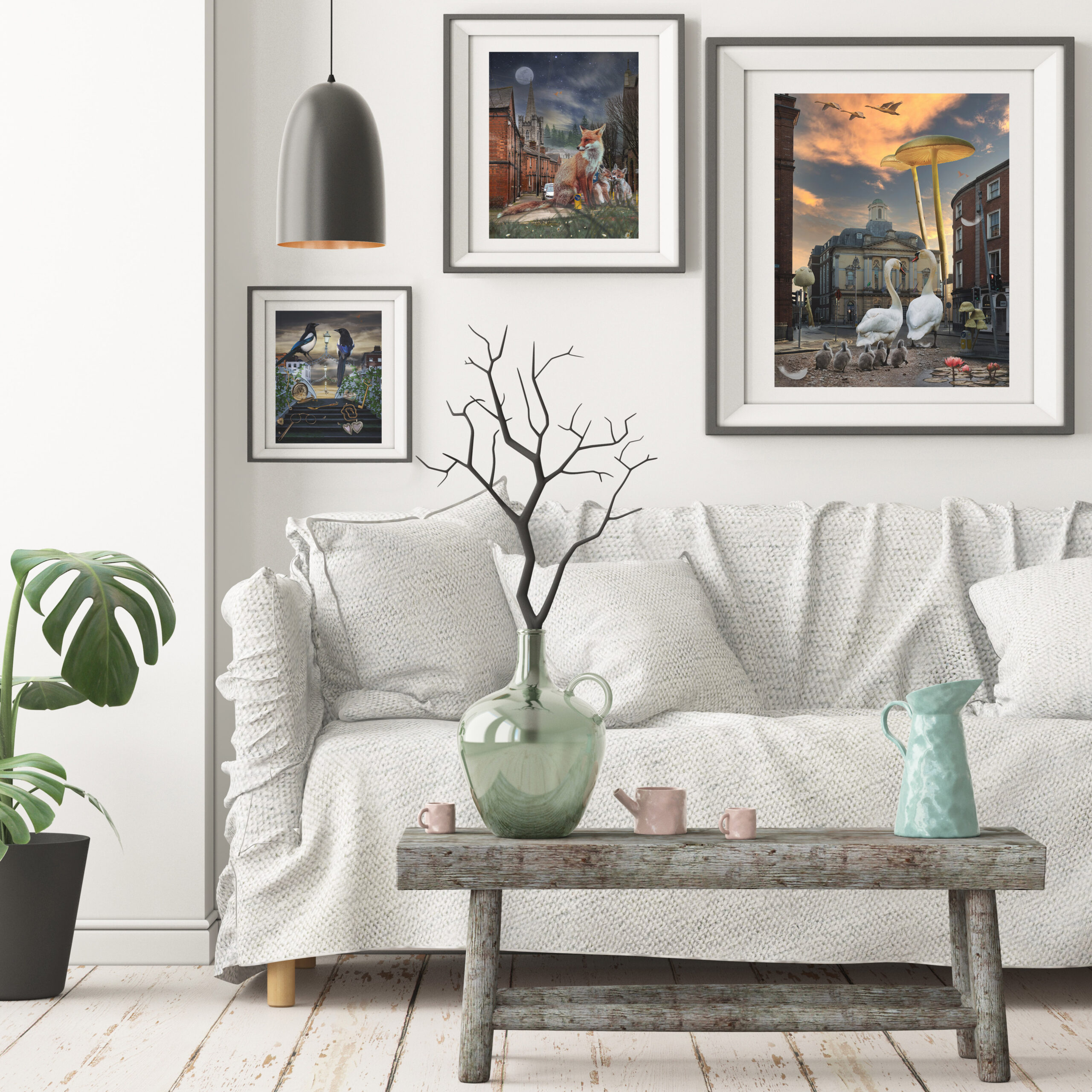 Mock up poster in an interior in Scandinavian style with a sofa.