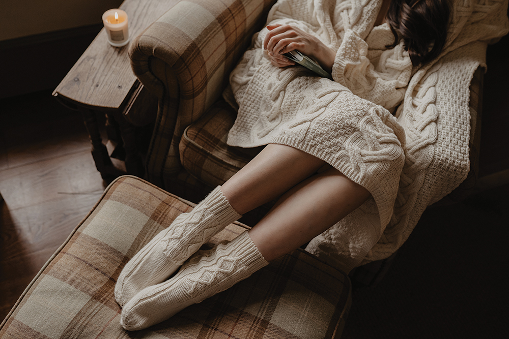 The Inis Collection - Aran Knit Socks and Throw - Ecru