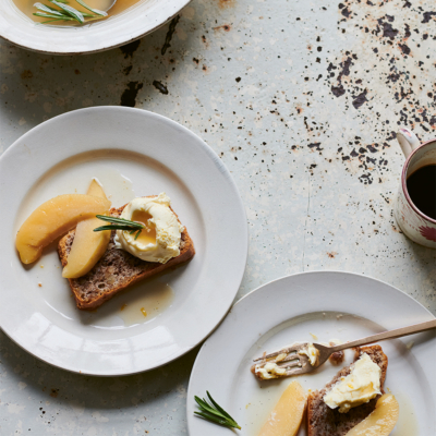 Walnut and Fennel Seed Cake with Clotted Cream and Poached Quince