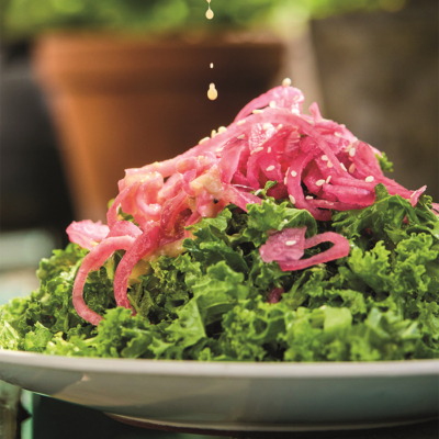 Seasonal Salad: Curly Kale With Maple Tahini Dressing And Pickled Red Onion