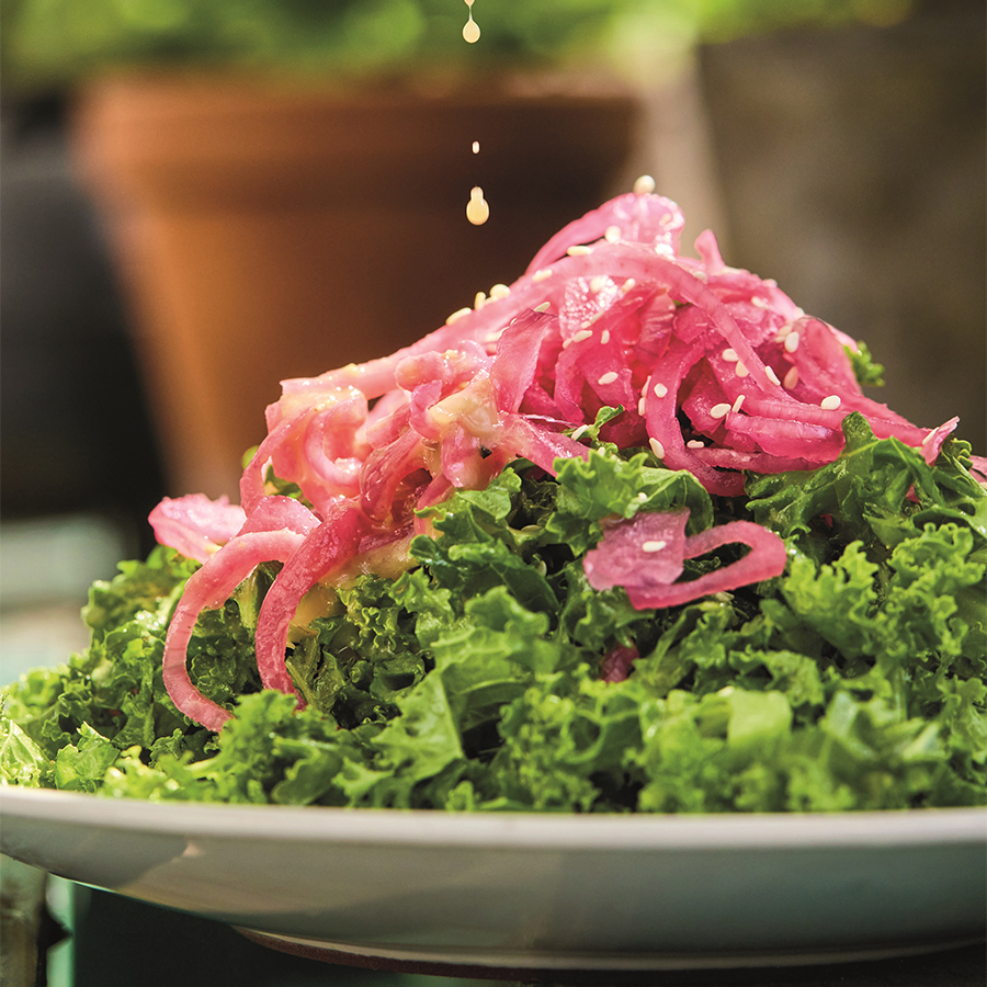 Seasonal Salad: Curly Kale With Maple Tahini Dressing And Pickled Red Onion