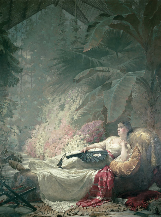 Portrait-of-Adelaide-Maria-Guinness,-reclining-on-a-Sofa-in-a-Conservatory,-1885)-by-George-Elgar-Hicks