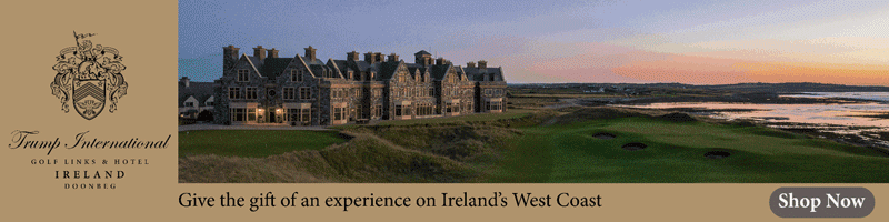 banner for doonbeg golf resort. picture of the hotel and gardens